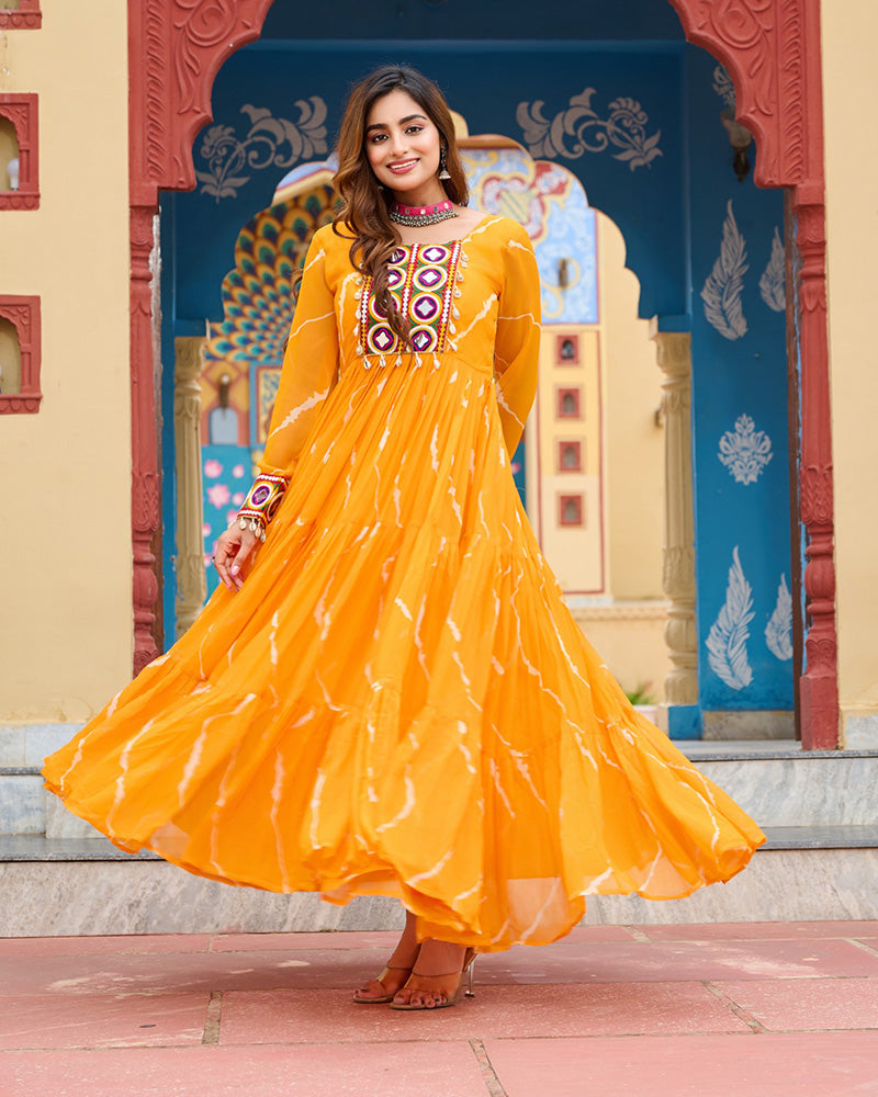 Navratri Special Yellow Color Faux Georgette Laheriya Print Gown