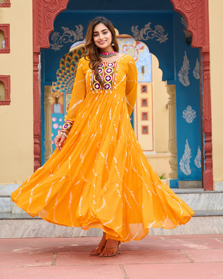 Navratri Special Yellow Color Faux Georgette Laheriya Print Gown