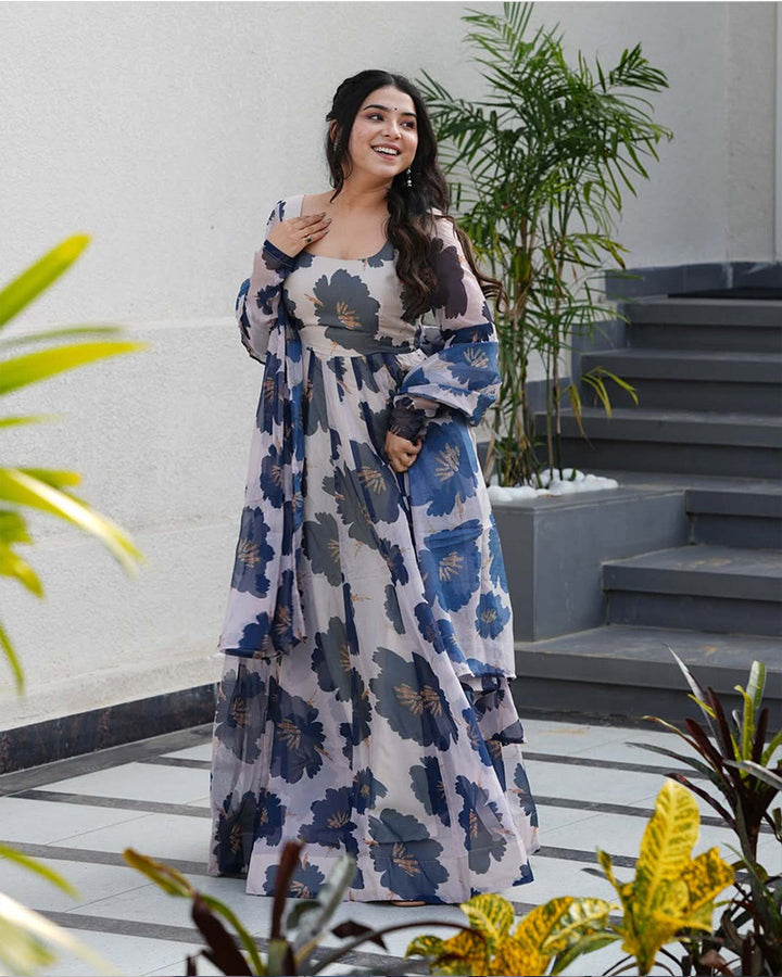 Blue Color Tabby Organza Three Piece Anarkali Suit
