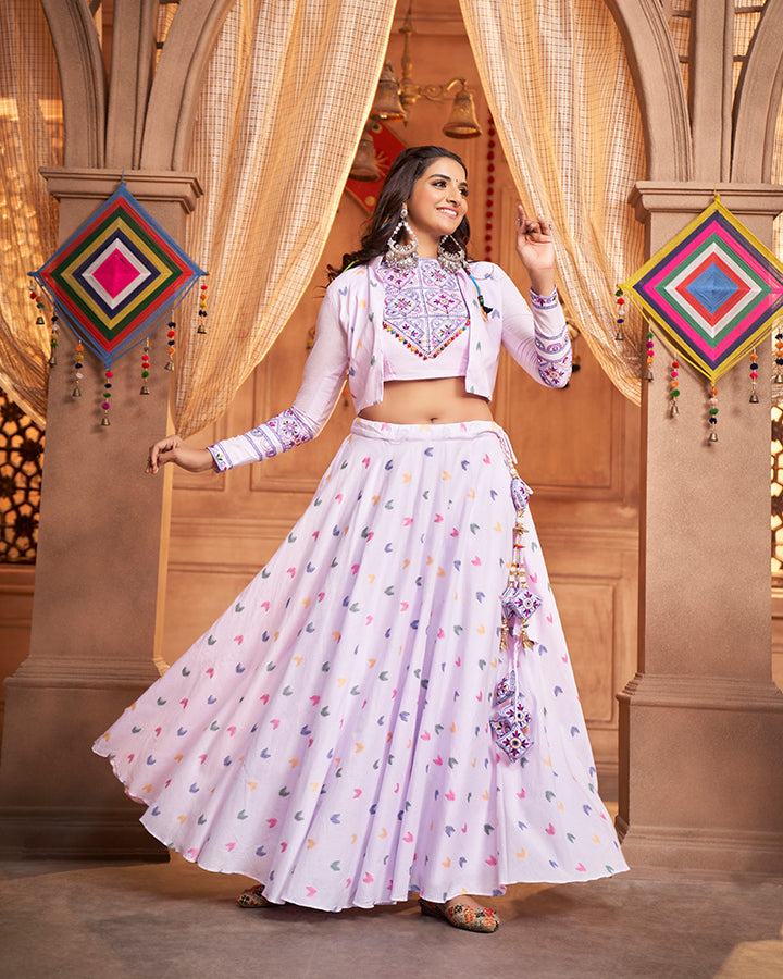 Lavender Color Cotton Jacquard Weaving And Real Mirror Work Navratri Lehenga Choli
