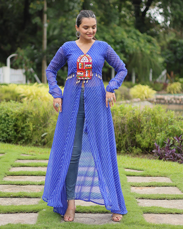 Navratri Special Blue Color Georgette Kutchi Work Kurti