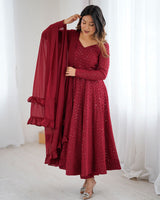 Maroon Color Georgette Lucknowi Three Piece Anarkali Suit