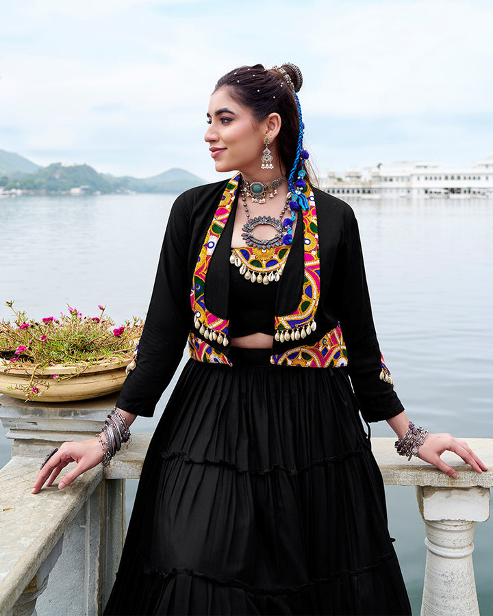 Black Color Pure Rayon Ruffle Style Navratri Lehenga Choli