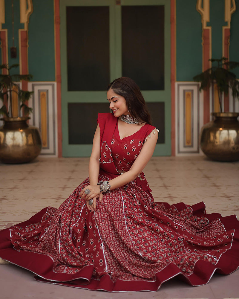 Navratri Wear Maroon Color Rayon Kali Pattern Printed Lehenga Choli