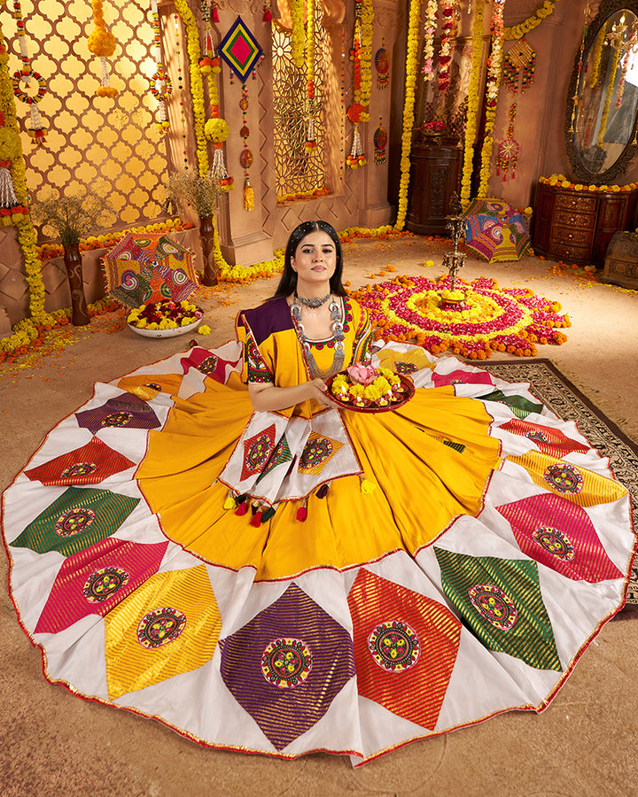 Traditional Mustard Yellow Color Mirror Work Navratri Lehenga Choli