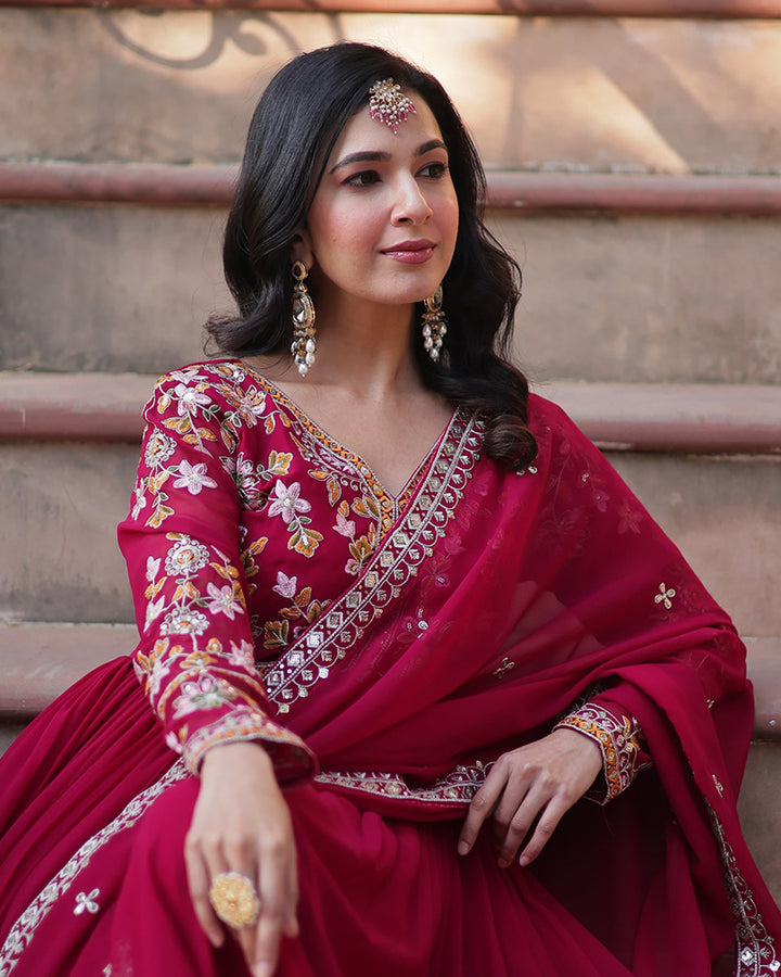 Designer Rani Pink Color Gown With Sequence Embroidered Dupatta