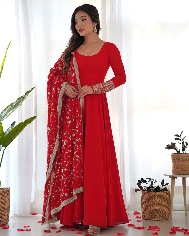 Red Color Soft Georgette Anarkali With Heavy Dupatta Work
