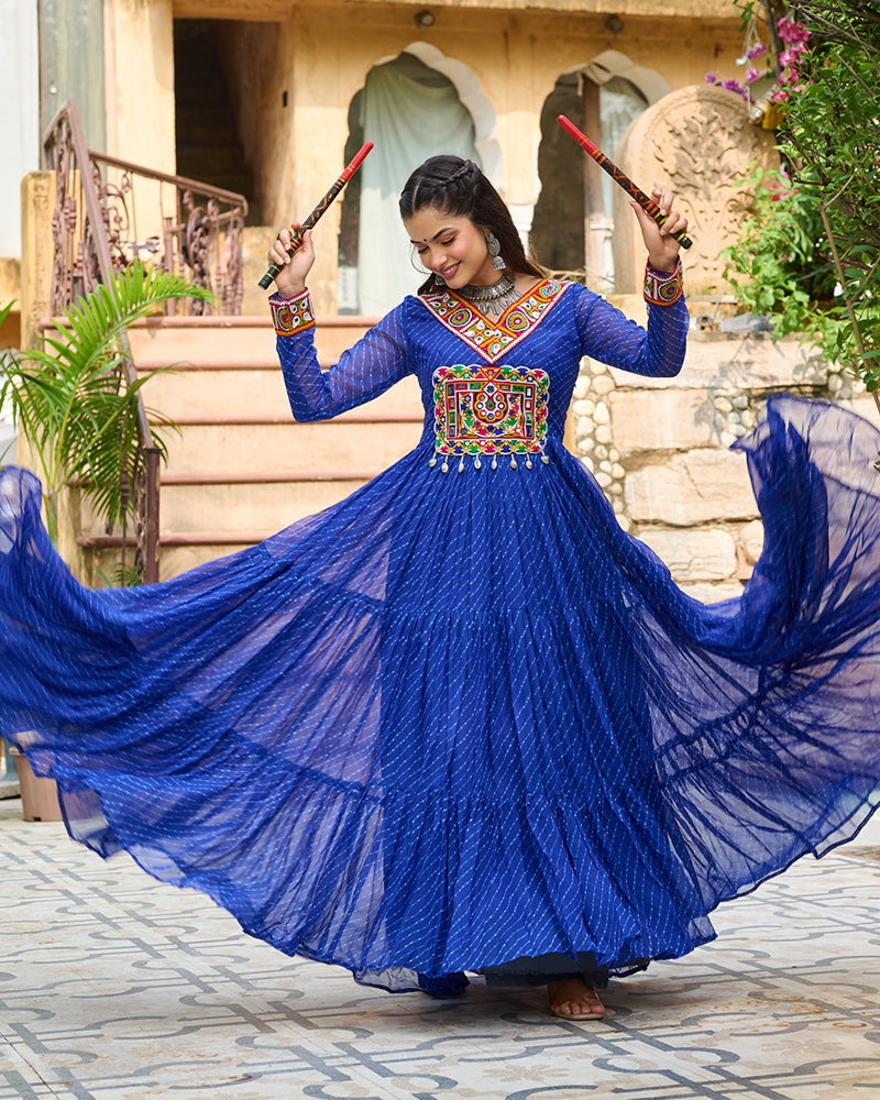 Designer Blue Color Kutchi Embroidered Anarkali Gown