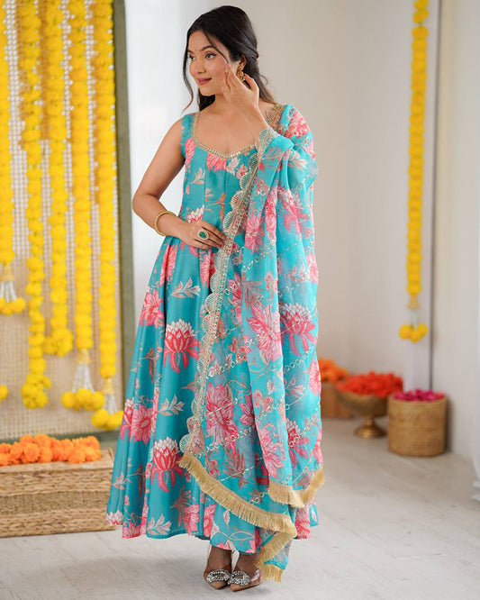 Turquoise Blue Color Muslin Cotton Printed Anarkali Suit