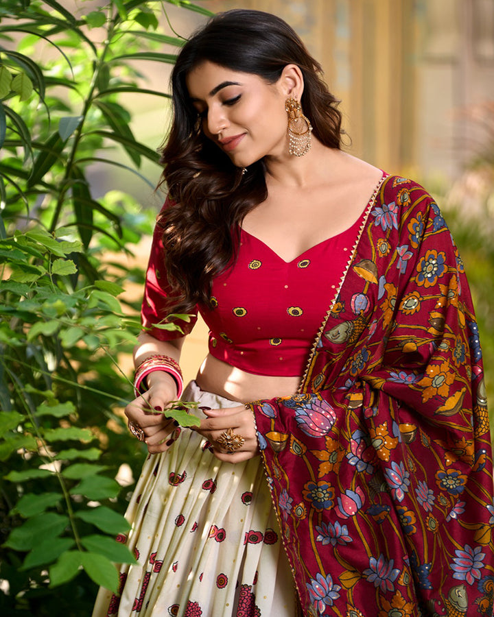 Kalamkari Print Off-White Color Tussar Silk Lehenga Choli