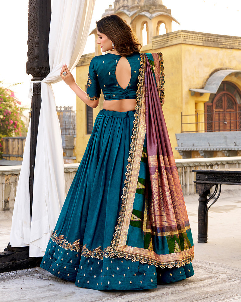 Designer Firozi Color Vichitra Silk Embroidered Lehenga Choli