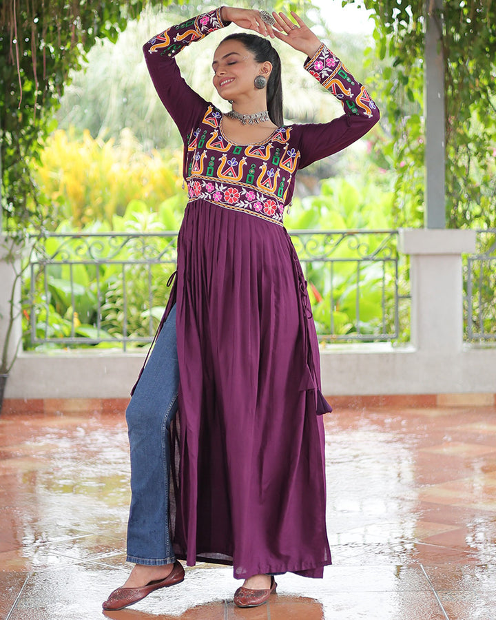 Navratri Wear Wine Color Rayon Kutchi Work Kurti