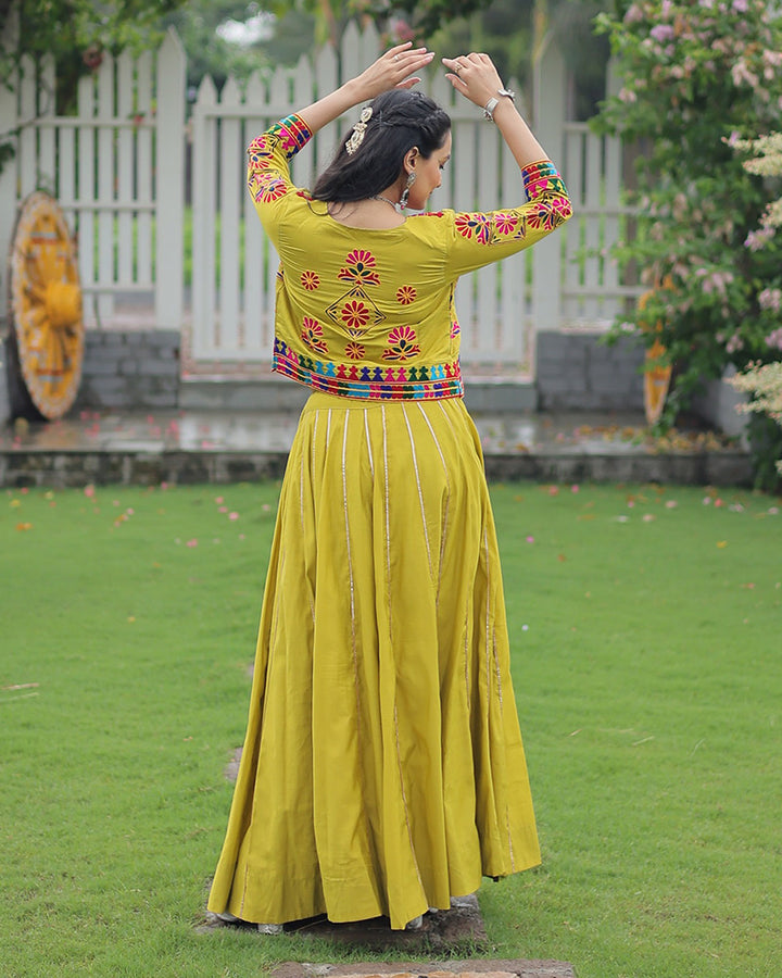 Lime Green Traditional Mirror Work Lehenga With Jacket Style Top