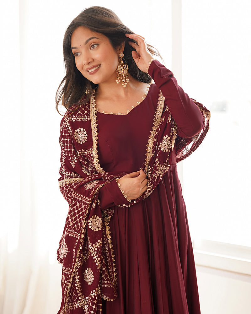 Maroon Color Roman Silk CHanderi Three Piece Anarkali Suit