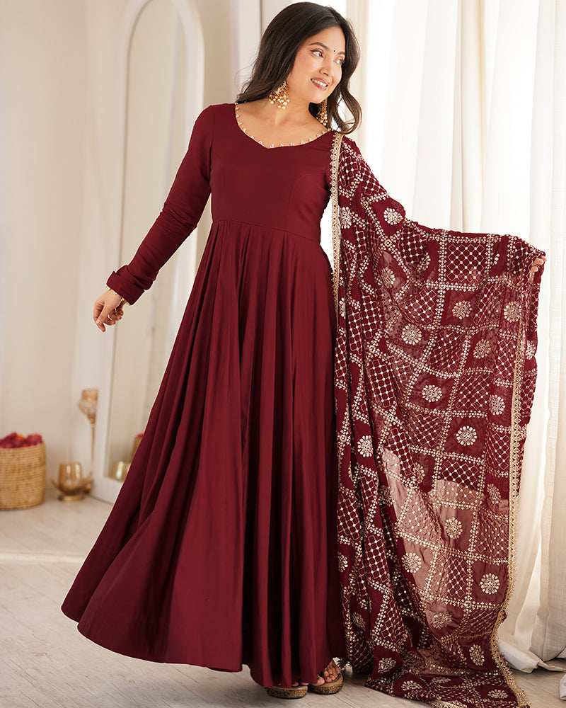 Maroon Color Roman Silk CHanderi Three Piece Anarkali Suit