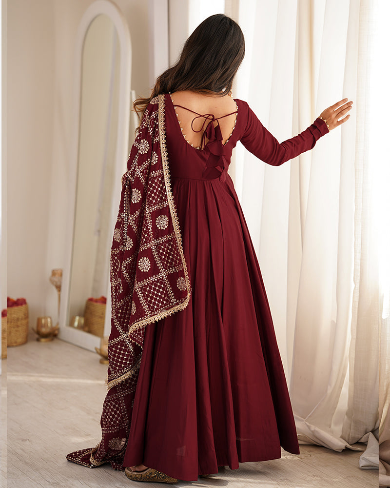 Maroon Color Roman Silk CHanderi Three Piece Anarkali Suit