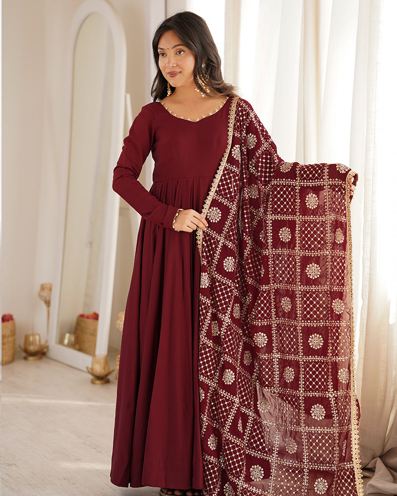 Maroon Color Roman Silk CHanderi Three Piece Anarkali Suit