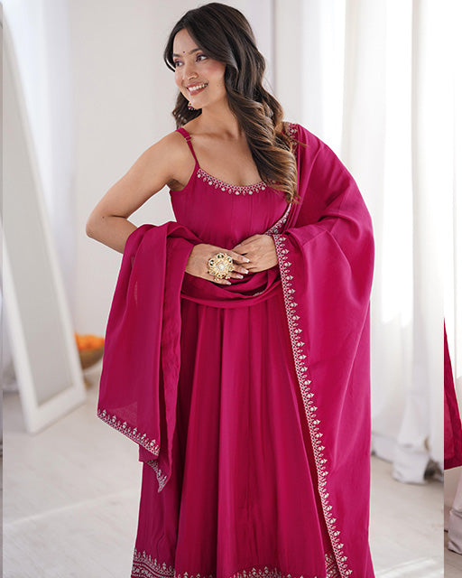 Rani Pink Color Roman Silk Chanderi Silk Three Piece Anarkali Suit