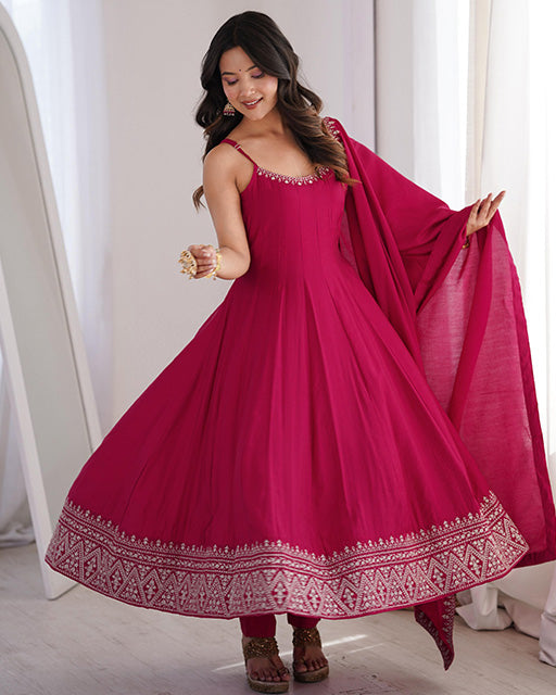 Rani Pink Color Roman Silk Chanderi Silk Three Piece Anarkali Suit