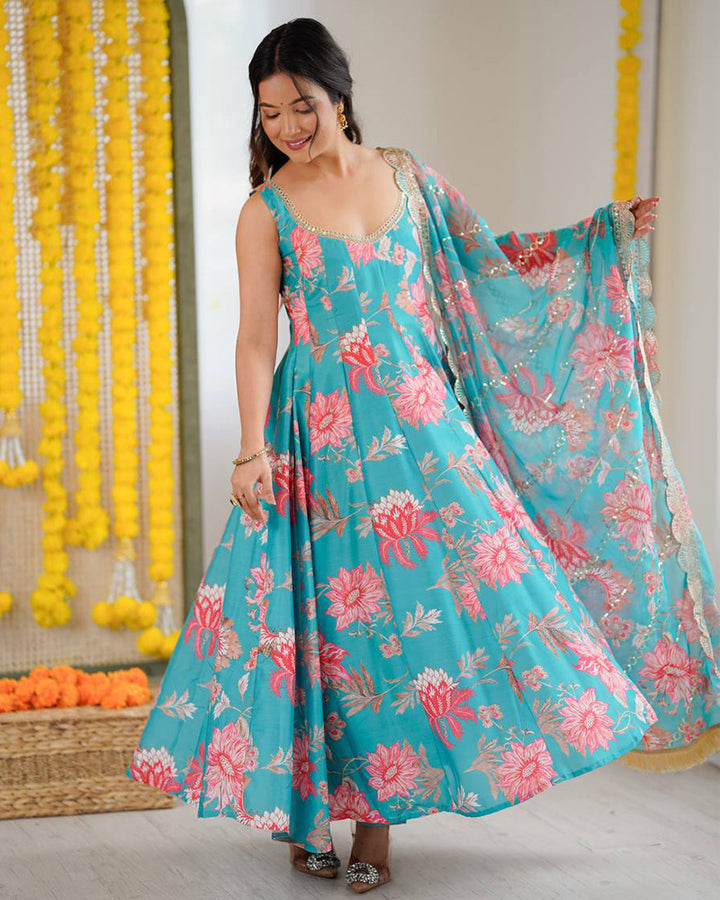 Turquoise Blue Color Muslin Cotton Printed Anarkali Suit