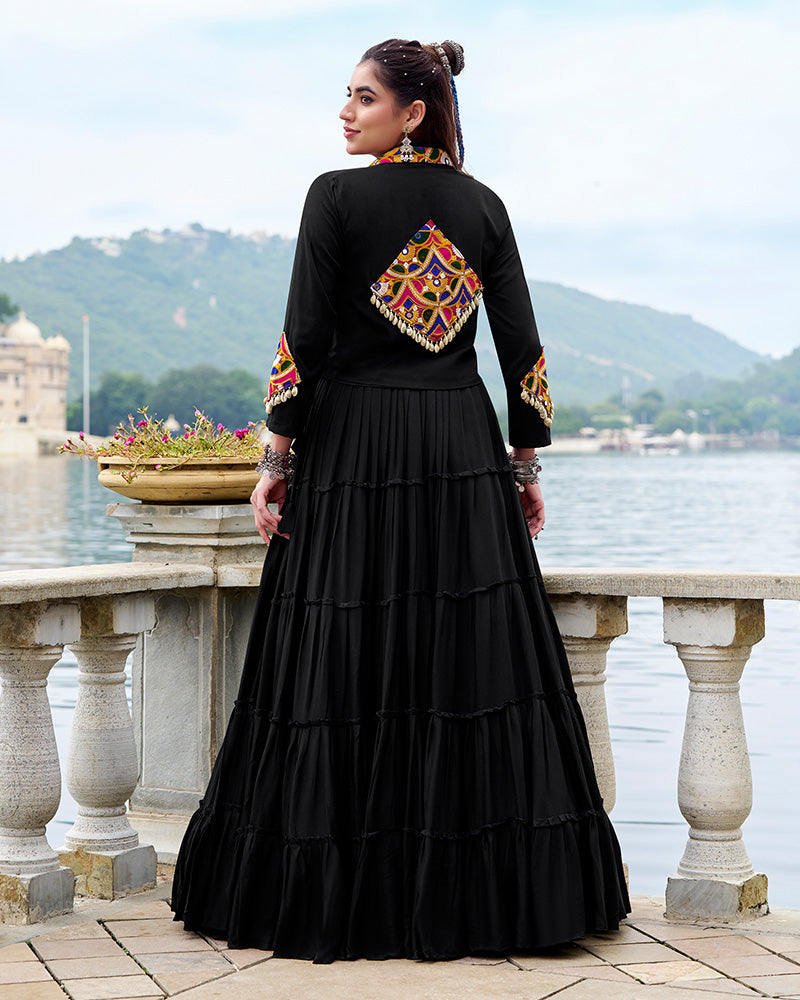 Black Color Pure Rayon Ruffle Style Navratri Lehenga Choli