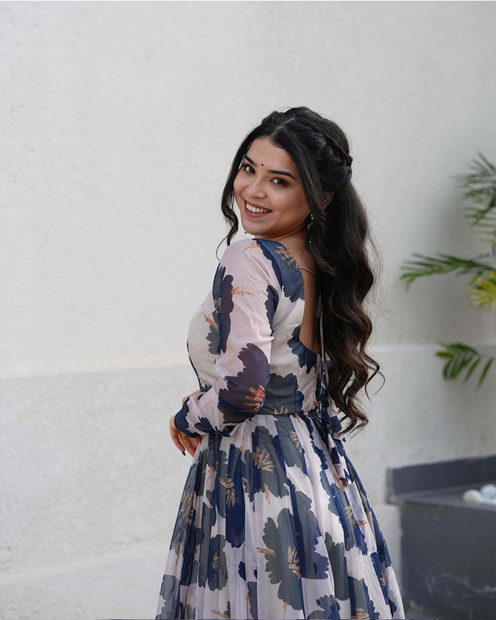 Blue Color Tabby Organza Three Piece Anarkali Suit