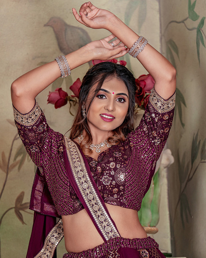 Wine Color Gerogette Sequence Embroidered Wedding Lehenga Choli