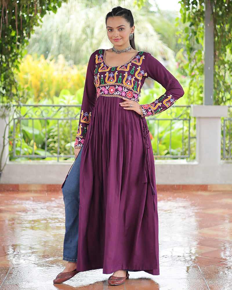 Navratri Wear Wine Color Rayon Kutchi Work Kurti