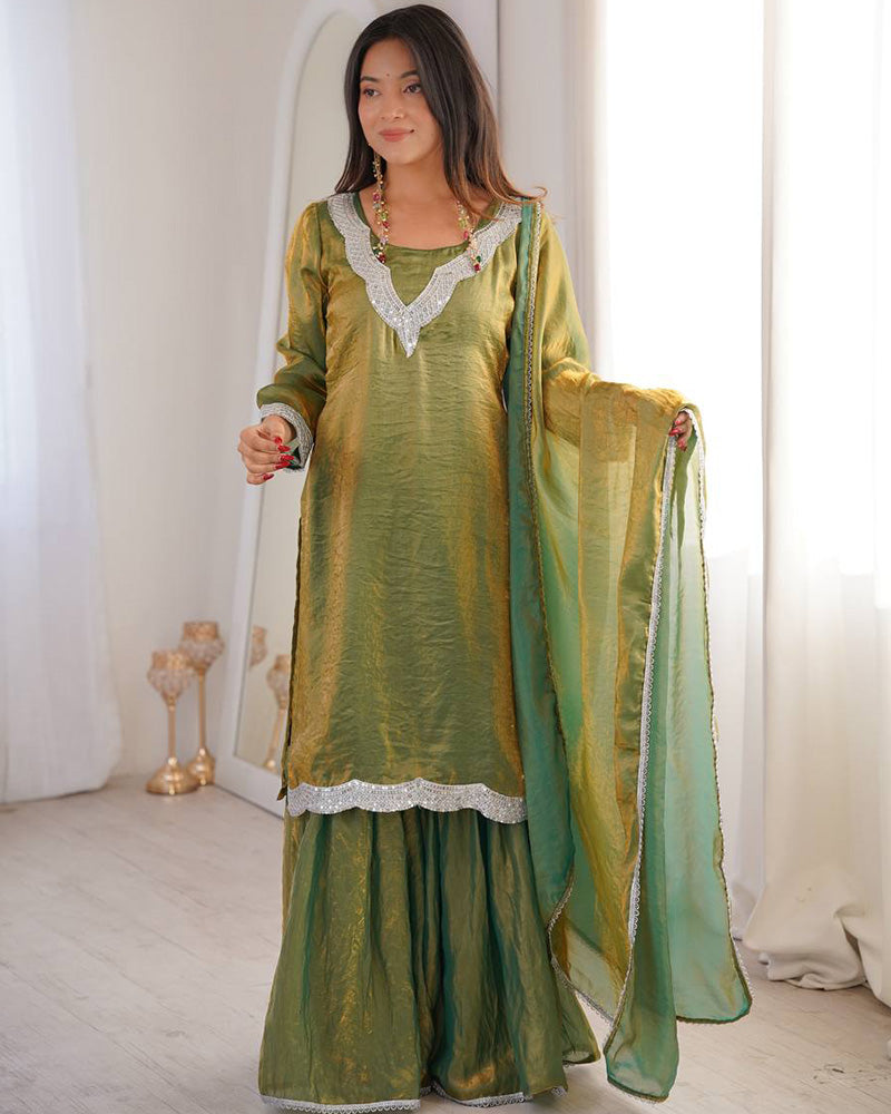 Mehndi Color Fendi Silk Three Piece Plazzo Suit