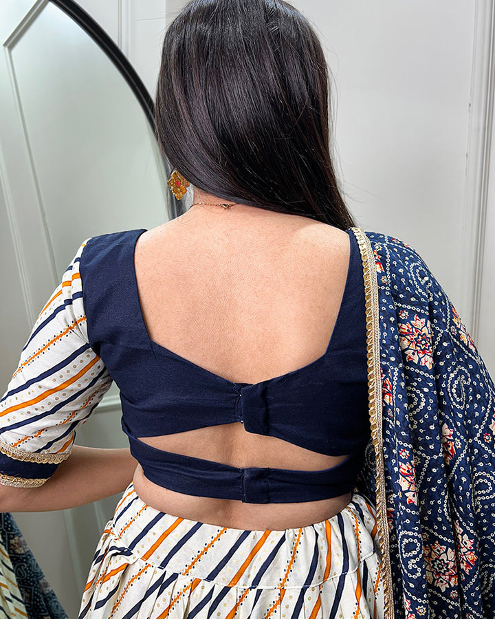 Laheriya And Patola Print Navy Blue Color Cotton Fully Stitched Lehenga Choli