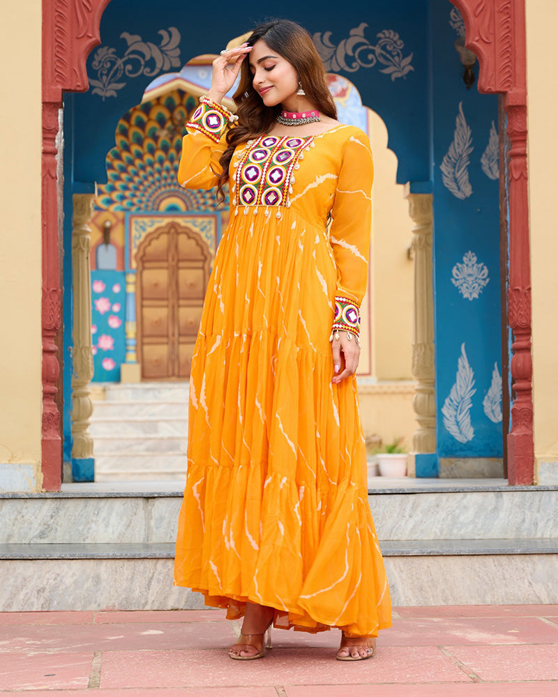 Navratri Special Yellow Color Faux Georgette Laheriya Print Gown