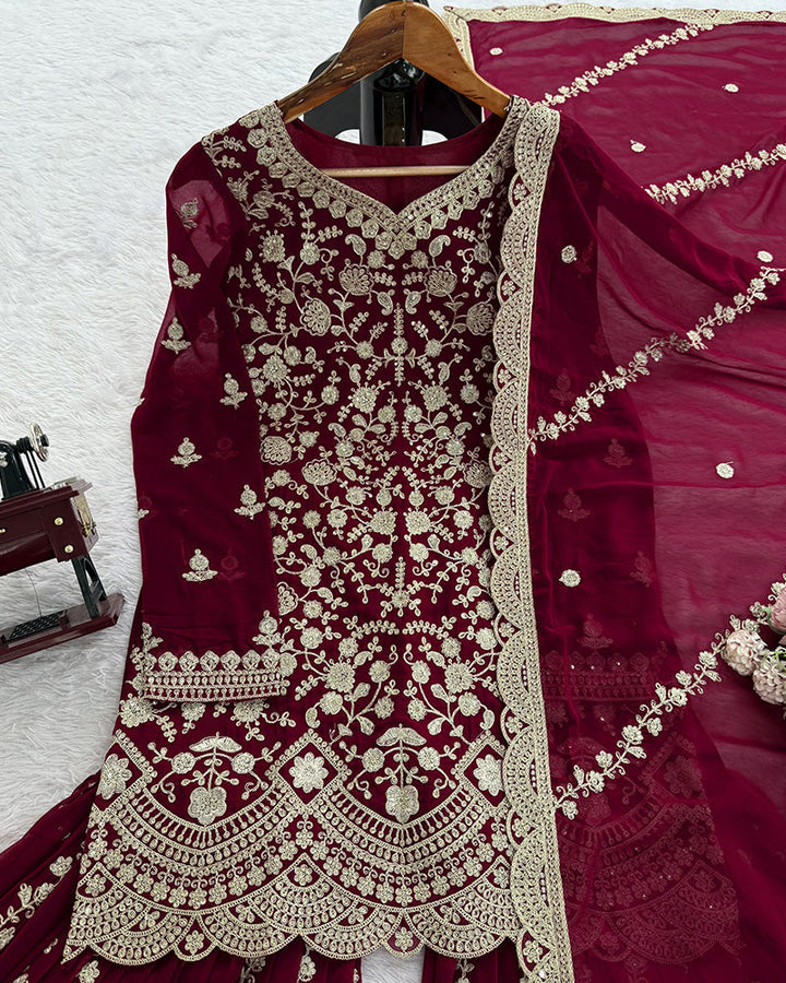 Deep Maroon Color Georgette Embroidered Sharara Suit