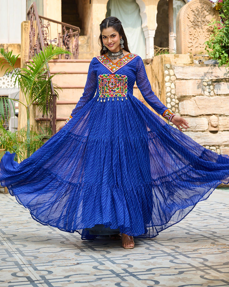 Designer Blue Color Kutchi Embroidered Anarkali Gown