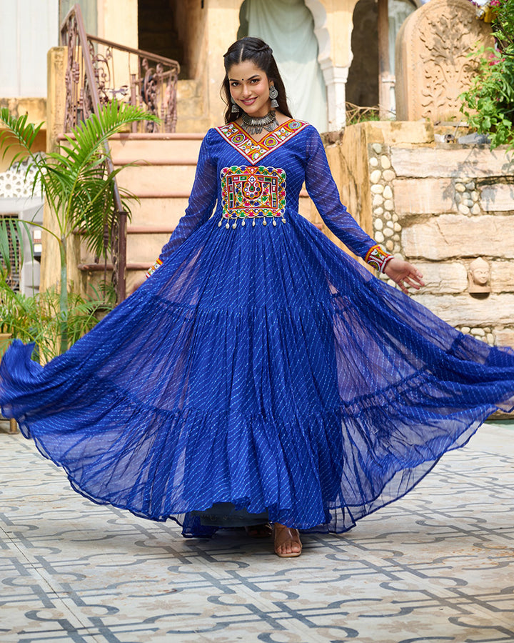 Designer Blue Color Kutchi Embroidered Anarkali Gown