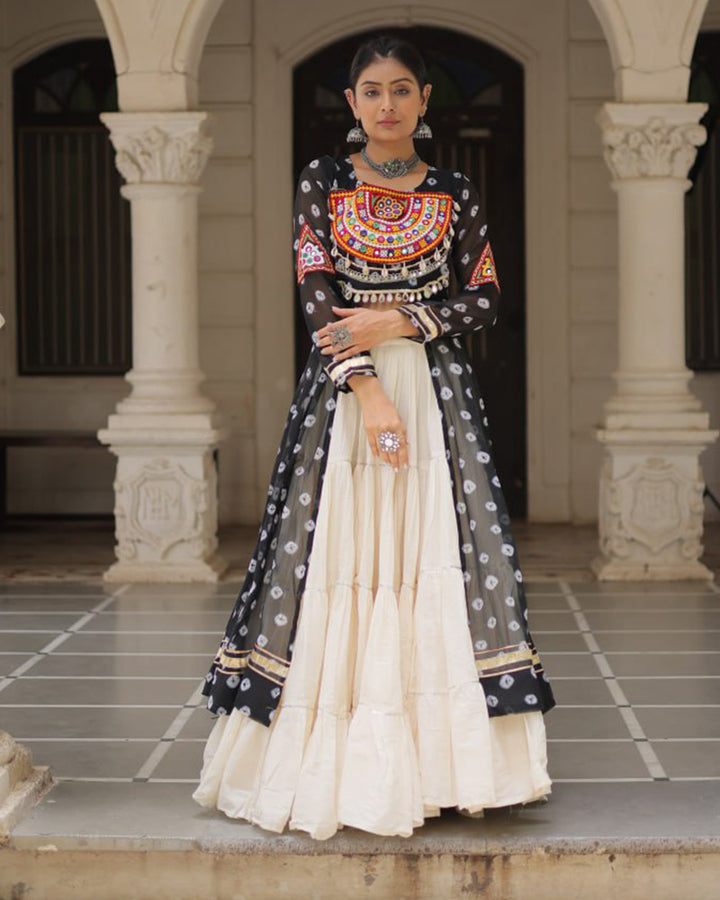 Black Bandhani Print Gamthi Jacket Choli With Off-White Flared Lehenga
