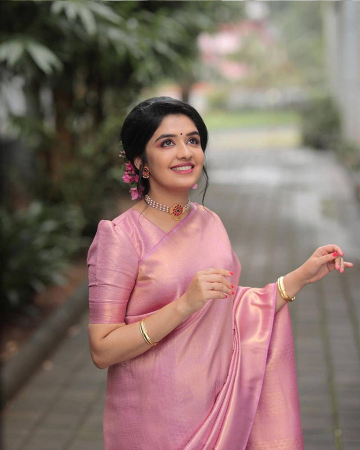 Designer Baby Pink Color Banarasi Saree