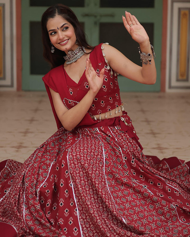 Navratri Wear Maroon Color Rayon Kali Pattern Printed Lehenga Choli