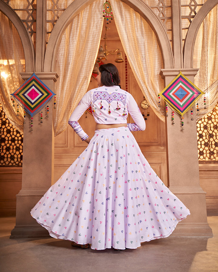Lavender Color Cotton Jacquard Weaving And Real Mirror Work Navratri Lehenga Choli