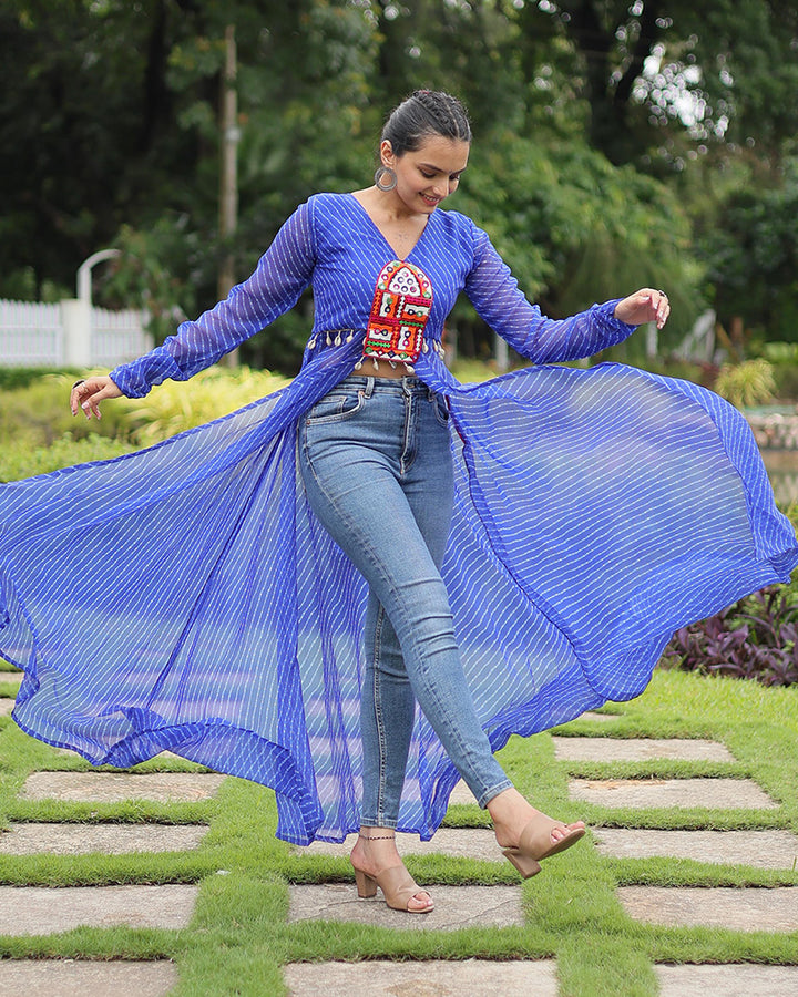 Navratri Special Blue Color Georgette Kutchi Work Kurti
