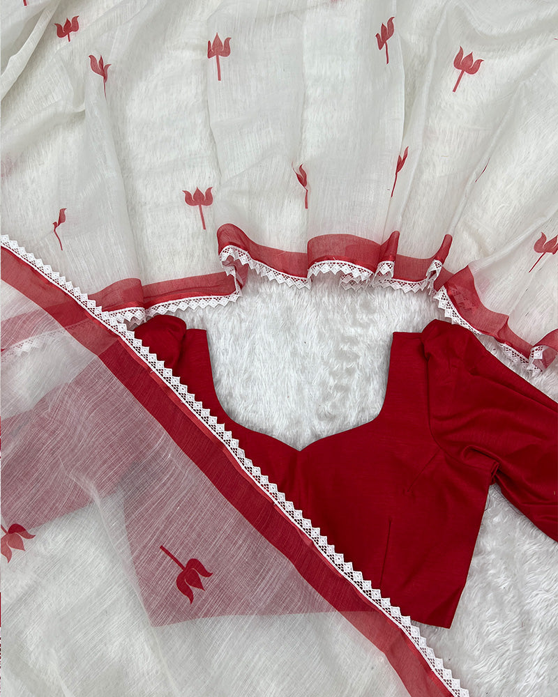 White Color Linen Printed Saree