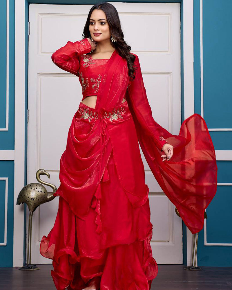 Red Color Fendy Satin Silk Embroidered Lehenga Choli