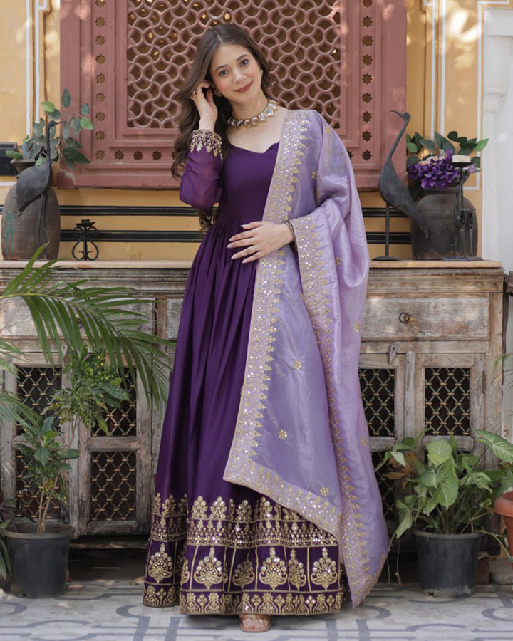 Royal Purple Zari Embroidered Anarkali Gown with Dupatta