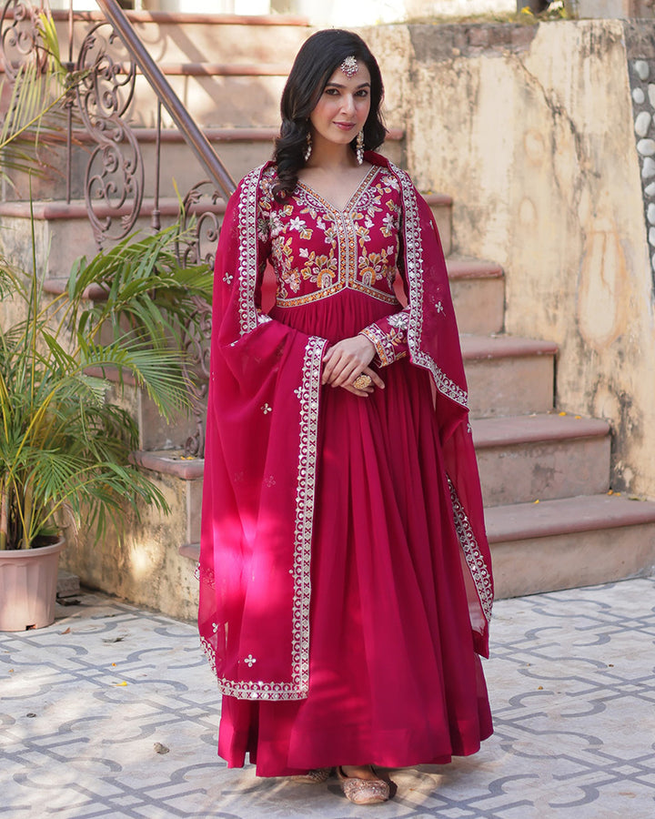 Designer Rani Pink Color Gown With Sequence Embroidered Dupatta