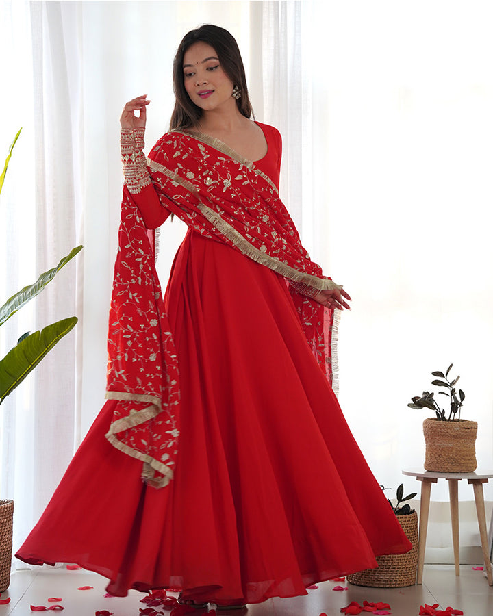 Red Color Soft Georgette Anarkali With Heavy Dupatta Work