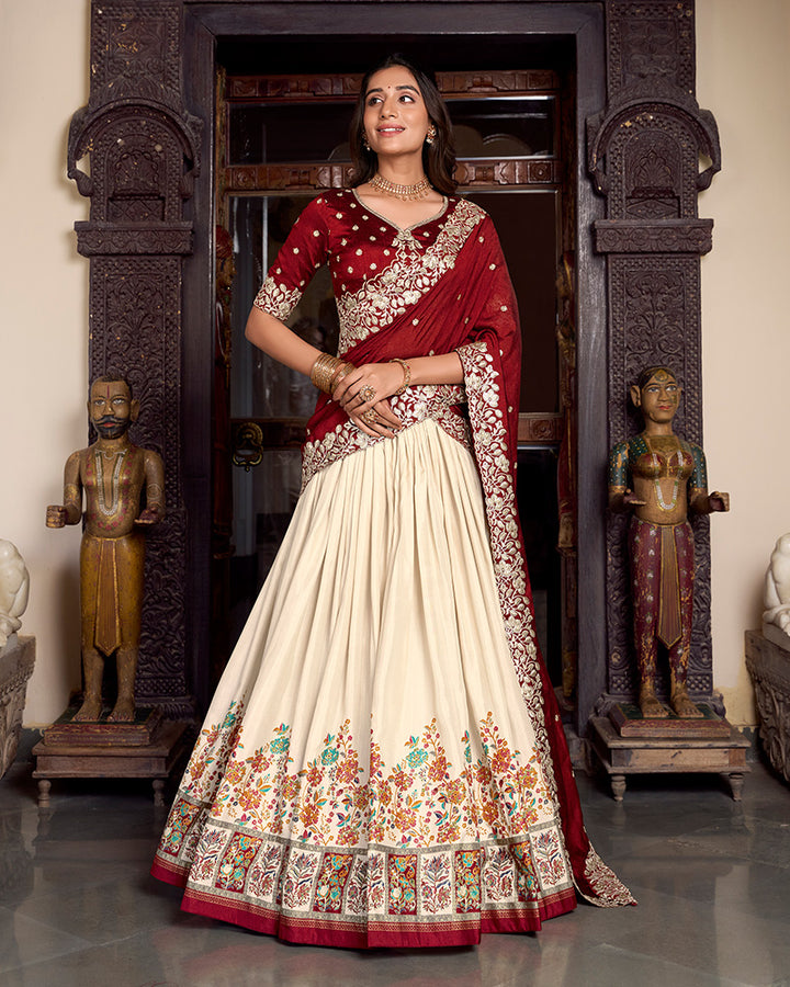 Off White Color Tussar Silk Printed Lehenga Choli