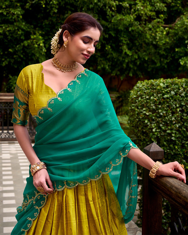 Yellow Color Poly Cotton Zari Weaving Half Saree