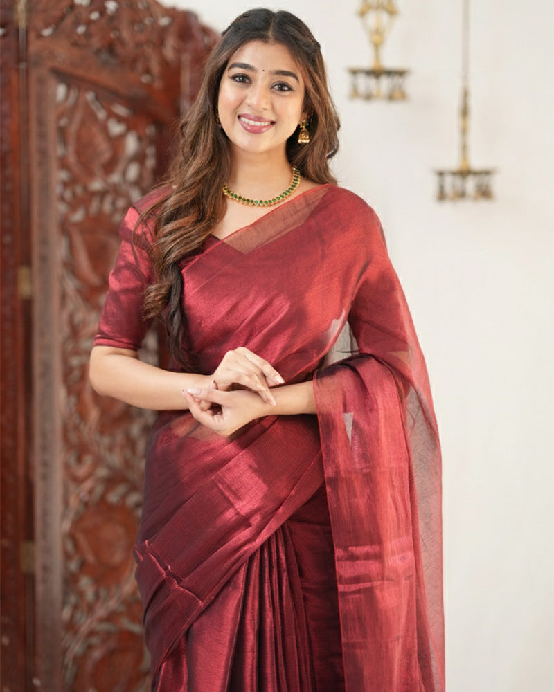 Maroon Color Handloom Raga Tissue Cotton Saree