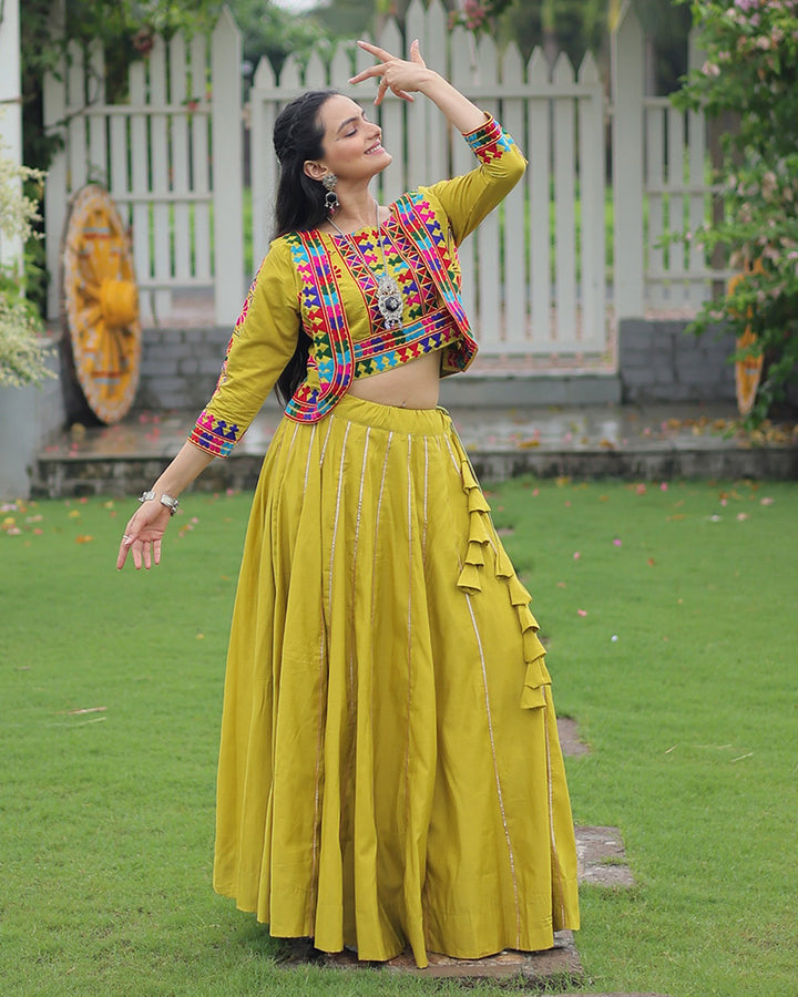 Lime Green Traditional Mirror Work Lehenga With Jacket Style Top