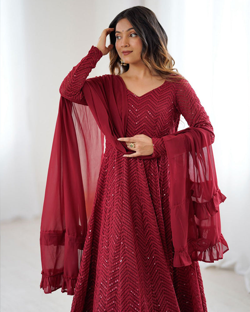 Maroon Color Georgette Lucknowi Three Piece Anarkali Suit