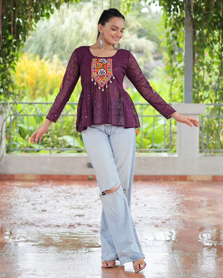 Wine Color Georgette Lucknowi Work Navratri Kediya